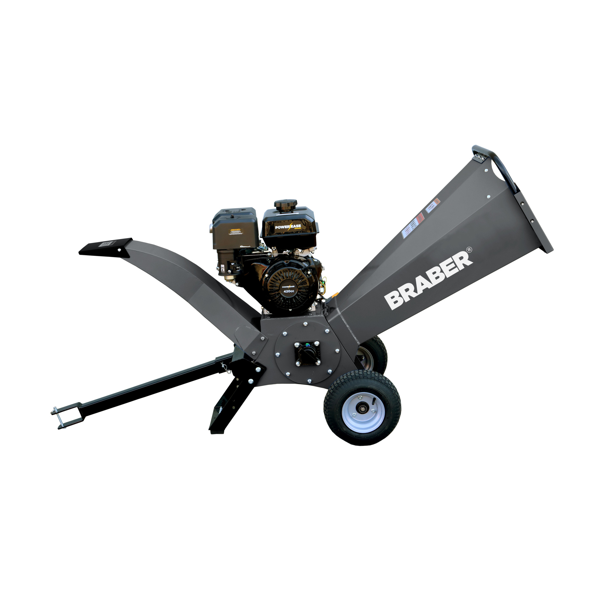 Braber, Drum Wood Chipper with Powerease 420 Engine Displacement 420 cc, Horsepower 15 Max. Cutting Thickness 4 in, Model# BE-WCGR4R13